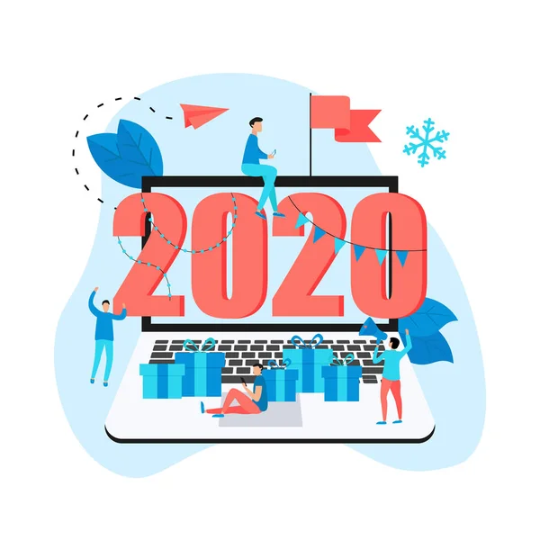 Szczęśliwego nowego roku 2020 koncepcji, karty okolicznościowe z postacią ludzi w monitorze laptopa. Szablon strony internetowej i baneru.. — Wektor stockowy