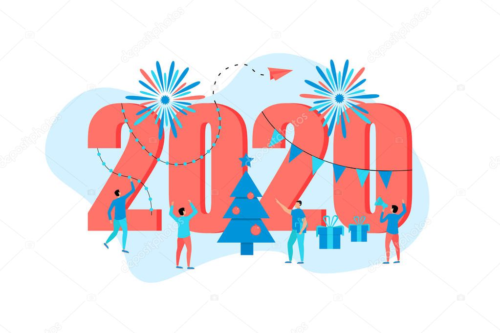 Happy New Year 2020 concept, greeting card with people character flat design. Webpage and banner template