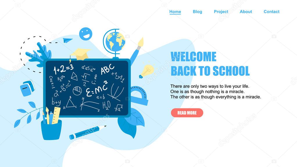 Welcome back to school concept. School board with formula and school supplies.