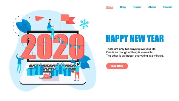 Szczęśliwego nowego roku 2020 koncepcji, karty okolicznościowe z postacią ludzi w monitorze laptopa. Szablon strony internetowej i baneru. — Wektor stockowy