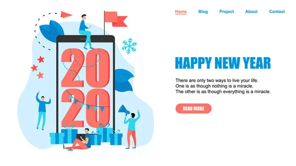 Szczęśliwego nowego roku 2020 koncepcja, karta okolicznościowa z ludźmi charakter na ekranie mobilnym. Szablon strony internetowej i baneru — Wektor stockowy