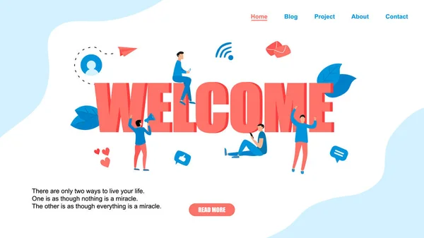Концепция WebGreeting со словом "Добро пожаловать" и маленькими людьми — стоковый вектор