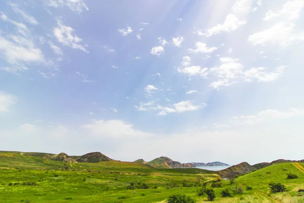 Сонячна погода над полем з пагорбами біля моря — стокове фото