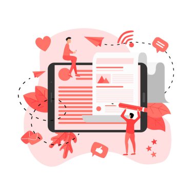 İş, iletişim, internet blog yazıları. Düz tasarım vektör çizimi.