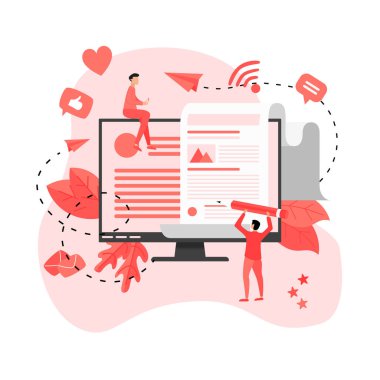 İş, iletişim, internet blog yazıları. Düz tasarım vektör çizimi.