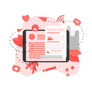 İş, iletişim, internet blog yazıları. Düz tasarım vektör çizimi.