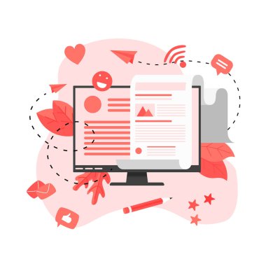 İş, iletişim, internet blog yazıları. Düz tasarım vektör çizimi.