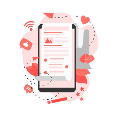 İş, iletişim, internet blog yazıları. Düz tasarım vektör çizimi.