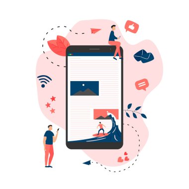 Dalga web sayfası çiziminde sörf yapan sörfçü. Web sayfası sörf kavramı