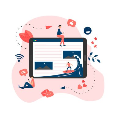 Dalga web sayfası çiziminde sörf yapan sörfçü. Web sayfası sörf kavramı