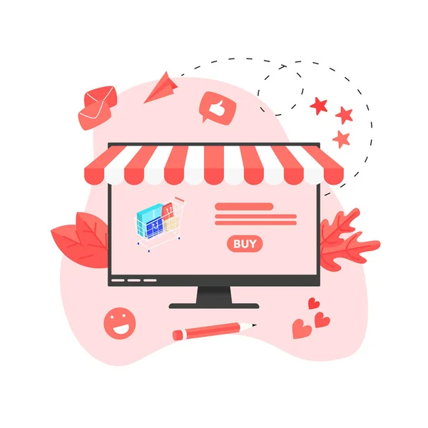 Online Shopping Concept Shopping Basket Small People Buying Online Store — Stock Vector