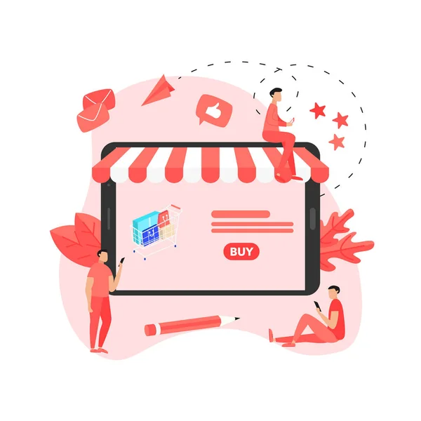 Online Shopping Concept Shopping Basket Small People Buying Online Store — Stock Vector