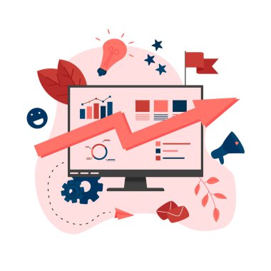 Web sayfası Şablonu. İş analizi yazılım mavi ok. Finans kavramı.