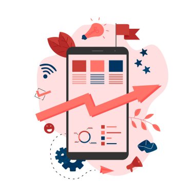 Web sayfası Şablonu. İş analizi yazılım mavi ok. Finans kavramı.