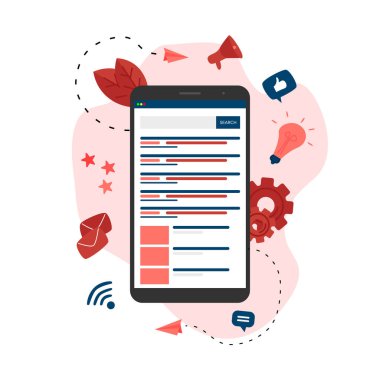 Web şablonu. Arama motoru sonuç pag vektörü, sayfa akıllı telefondaki bir sorgulama, web arama kavramının arama sonuçlarını gösteriyor