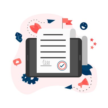 Web şablonu. Çevrimiçi elektronik akıllı sözleşme belgesi, kağıt belge, bilgisayar ekranında imza. Vektör çizimi. İş konsepti