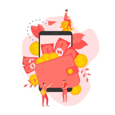 Web sayfası Şablonu. Dolar banknotları ve bozuk paralarla dolu bir cüzdan. Finans bankası kavramları.