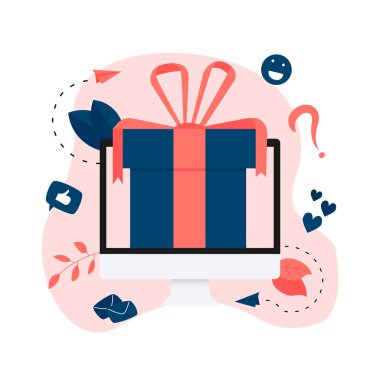 Çevrimiçi hediye kutusu. Çevrimiçi mağaza veya mağaza sadakat programı ve ikramiye tanıtımı. Reklam için vektör illüstrasyonu.