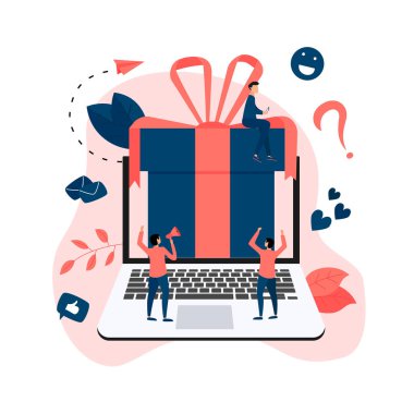 Çevrimiçi hediye kutusu. Çevrimiçi mağaza veya mağaza sadakat programı ve ikramiye tanıtımı. Reklam için vektör illüstrasyonu.