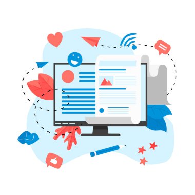 İş, iletişim, internet blog yazıları. Düz tasarım vektör çizimi.