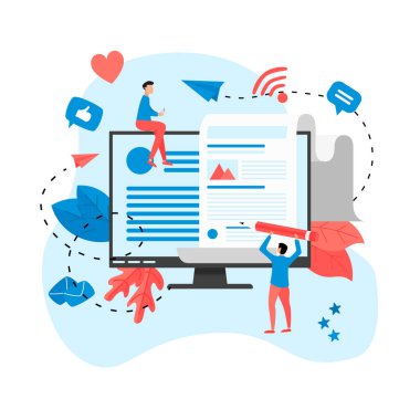 İş, iletişim, internet blog yazıları. Düz tasarım vektör çizimi.