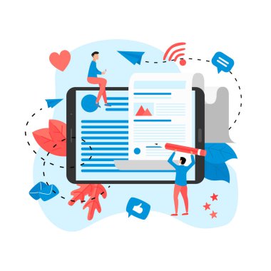 İş, iletişim, internet blog yazıları. Düz tasarım vektör çizimi.