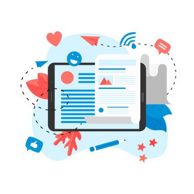 İş, iletişim, internet blog yazıları. Düz tasarım vektör çizimi.