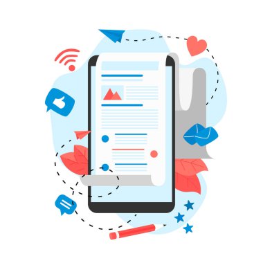 İş, iletişim, internet blog yazıları. Düz tasarım vektör çizimi.