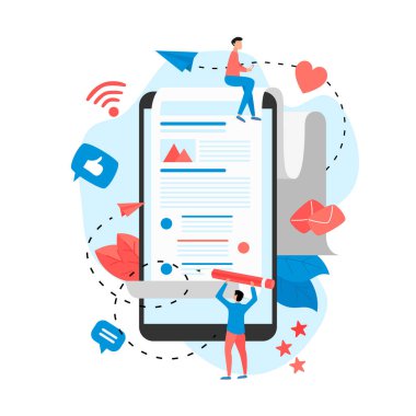 İş, iletişim, internet blog yazıları. Düz tasarım vektör çizimi.