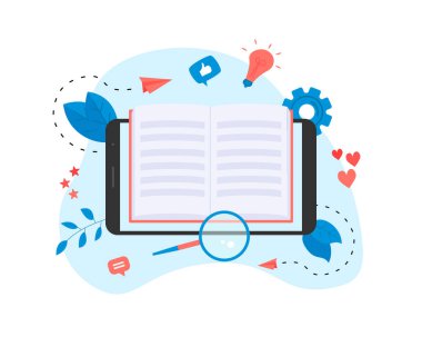 Düz dizayn kitabı konsepti. Çevrimiçi kütüphaneler ve kitaplar