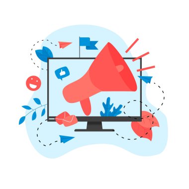 İş Reklamcılığı Tanıtımı. Büyük megafon ve iş simgesi. Reklam Pazarlama Konsepti. Vektör illüstrasyonu.