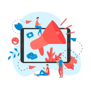 İş Reklamcılığı Tanıtımı. Büyük megafon ve iş simgesi. Reklam Pazarlama Konsepti. Vektör illüstrasyonu.