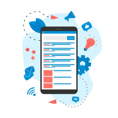 Web şablonu. Arama motoru sonuç pag vektörü, sayfa akıllı telefondaki bir sorgulama, web arama kavramının arama sonuçlarını gösteriyor
