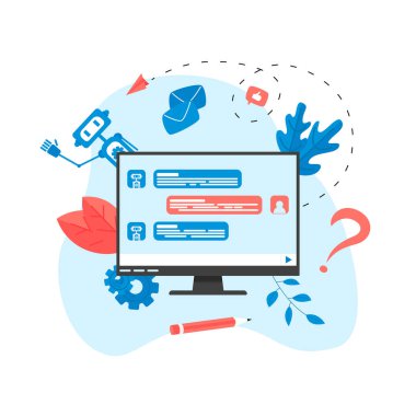 Web sayfası Şablonu. Chatbot işi konsepti. Sohbet robotu ile iletişim. Müşteri desteğinde yapay zeka