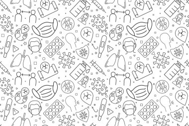 Coronavirus Covid-19 çizgi simgeleri beyaza izole edildi. Mükemmel sağlık hekimliği sembolleri pandemik afiş