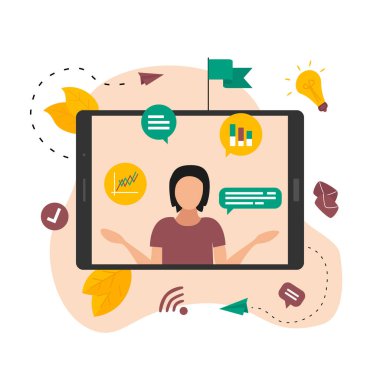 Çizim düz tasarım konsepti. Bir salgın sırasında internet üzerinden toplantı formu. Vektör İllüstrasyonu
