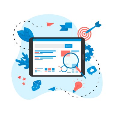 Web şablonu. Arama motoru sonuç pag vektörü, sayfa akıllı telefondaki bir sorgulama, web arama kavramının arama sonuçlarını gösteriyor