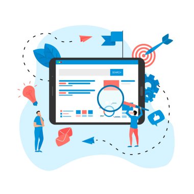 Web şablonu. Arama motoru sonuç pag vektörü, sayfa akıllı telefondaki bir sorgulama, web arama kavramının arama sonuçlarını gösteriyor