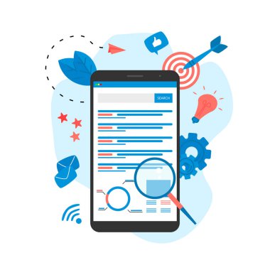 Web şablonu. Arama motoru sonuç pag vektörü, sayfa akıllı telefondaki bir sorgulama, web arama kavramının arama sonuçlarını gösteriyor
