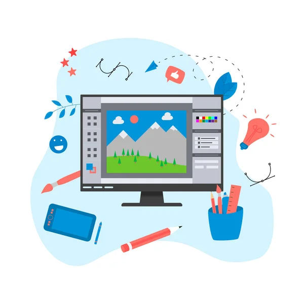 Açık illüstrasyon uygulaması ve yaratıcı bir projesi olan düz vektör grafik çizimi kavramı