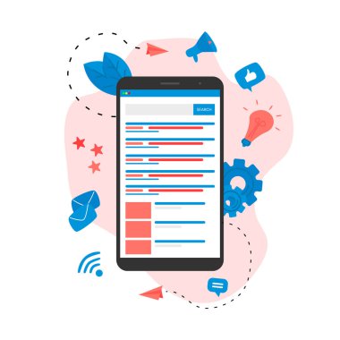 Arama motoru sonuç pag vektörü, sayfa akıllı telefondaki bir sorgulama, web arama kavramının arama sonuçlarını gösteriyor