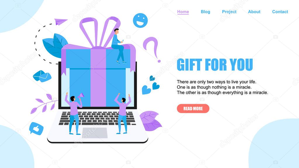 Online gift box. Promotion of online store or shop loyalty program and bonus. Vector illustration for advertisement.