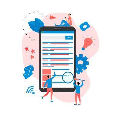 Arama motoru sonuç pag vektörü, sayfa akıllı telefondaki bir sorgulama, web arama kavramının arama sonuçlarını gösteriyor