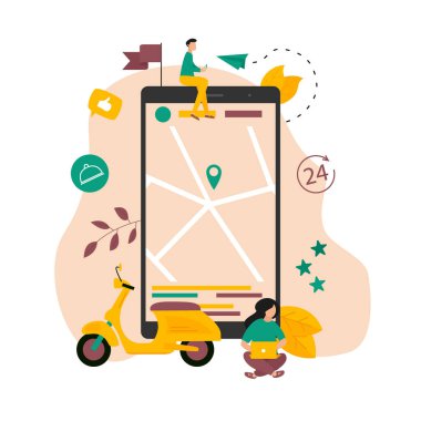 Mobilet ve harita coğrafi konumuna sahip cihazla hızlı teslimat. Güvenli karantina çevrimiçi dağıtım konsepti. Vektör illüstrasyonu