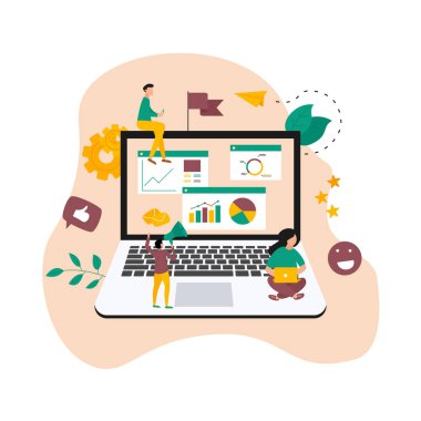 Dijital çevrimiçi pazarlama ajansı kavramı. Gösterge paneli ile Seo ve veri analizi. Vektör illüstrasyonu