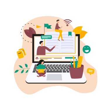 Çevrimiçi eğitim, evde eğitim ve e-öğrenim kavramı. COVID-19 'da evde sosyal mesafeli öğrenme. Vektör yanılsaması