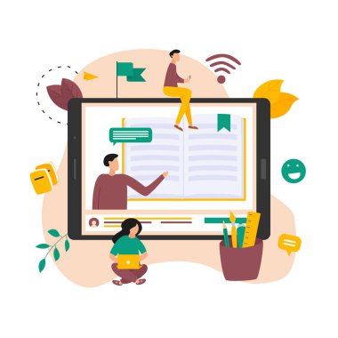 Çevrimiçi eğitim, evde eğitim ve e-öğrenim kavramı. COVID-19 'da evde sosyal mesafeli öğrenme. Vektör yanılsaması