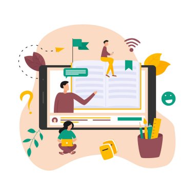 Çevrimiçi eğitim, evde eğitim ve e-öğrenim kavramı. COVID-19 'da evde sosyal mesafeli öğrenme. Vektör yanılsaması