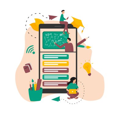 Çevrimiçi eğitimin düz tasarım konsepti. Öğrenciler pandemik koronavizus sırasında uzak mesafeden öğrenirler. Vektör illüstrasyonu