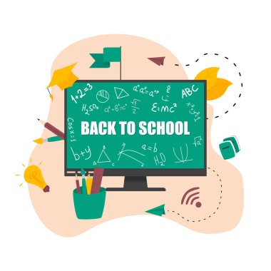 Çevrimiçi eğitimin düz tasarım konsepti. Öğrenciler pandemik koronavizus sırasında uzak mesafeden öğrenirler. Vektör illüstrasyonu